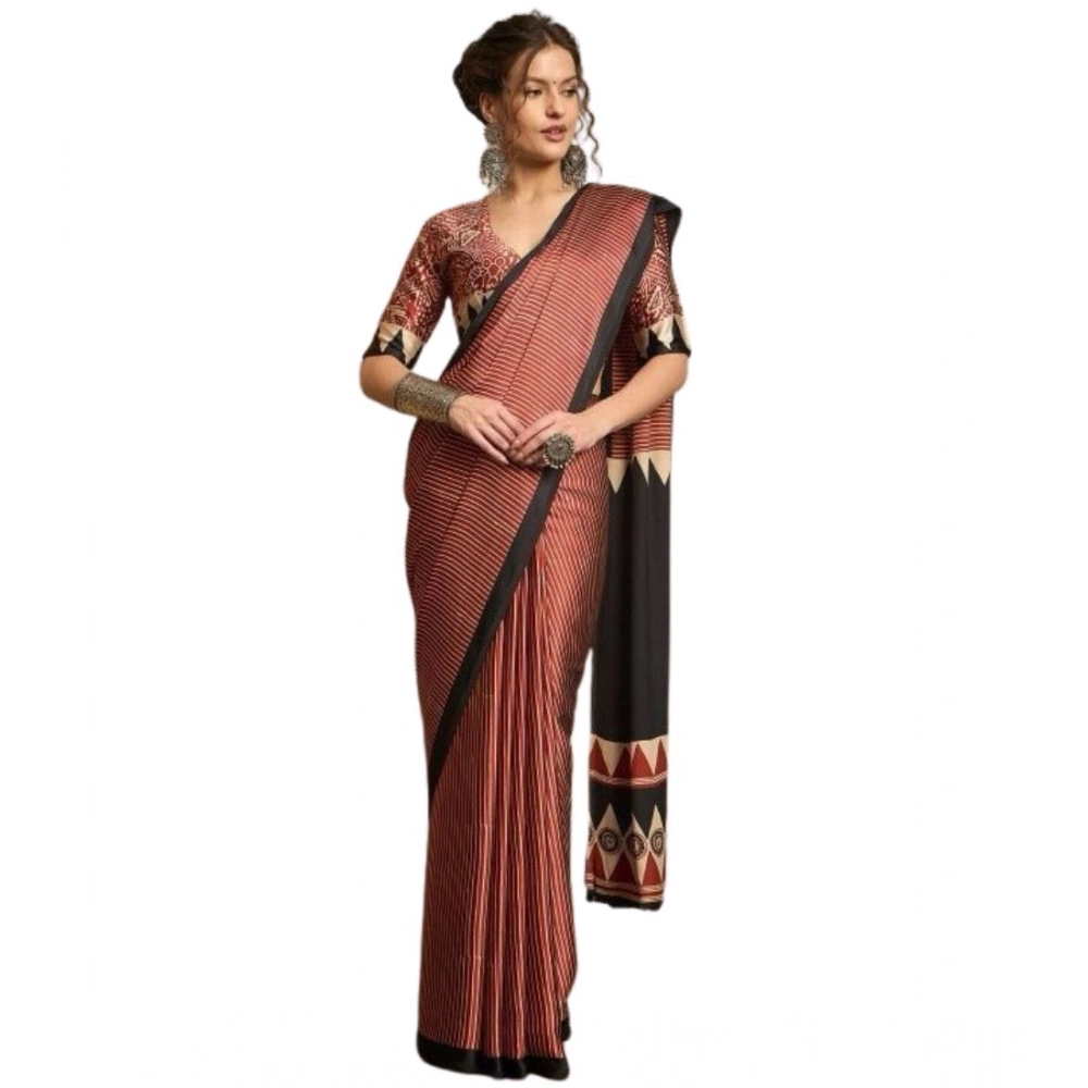 Women's Satin Printed Saree With Unstitched Blouse 5.5Mtr (Black) - Image 2