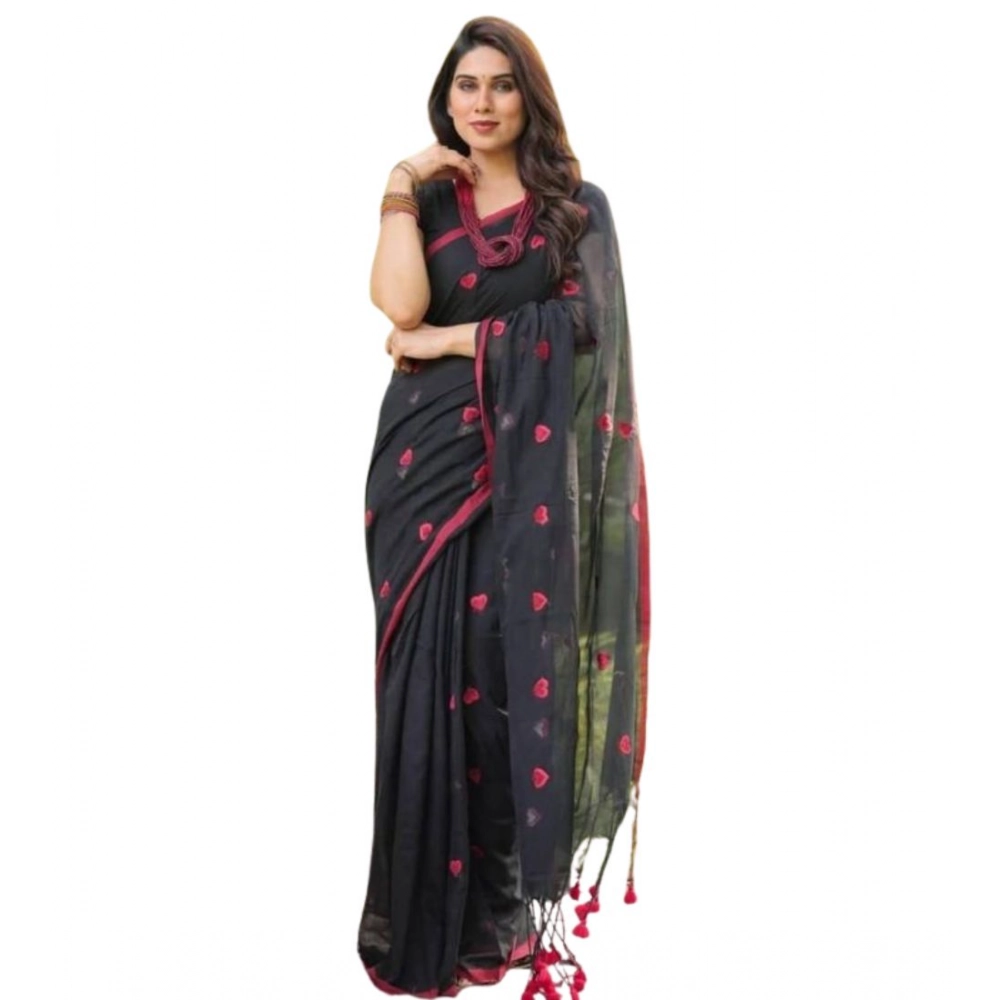 Women's Linen Printed Saree With Unstitched Blouse 5.5Mtr (Black) - Image 2