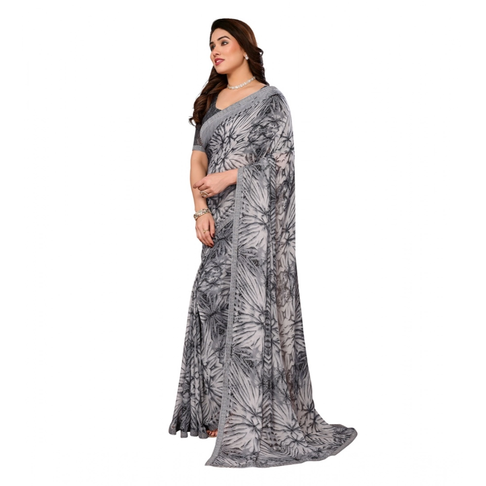Women's Georgette Printed Saree With Unstitched Blouse 5.5Mtr (Grey) - Image 2