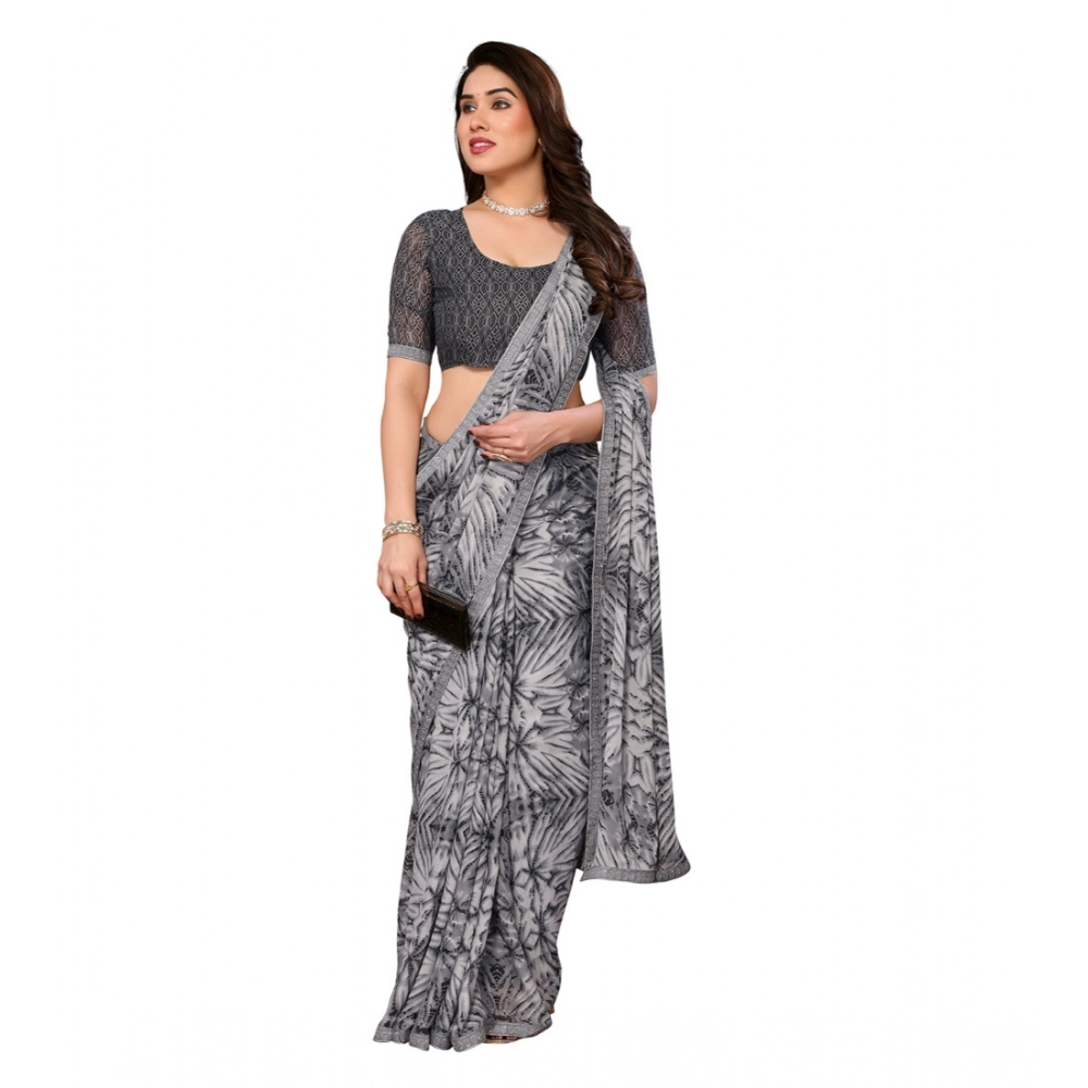 Women's Georgette Printed Saree With Unstitched Blouse 5.5Mtr (Grey) - Image 4