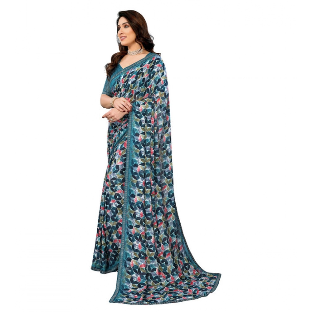 Women's Georgette Printed Saree With Unstitched Blouse 5.5Mtr (Sky Blue) - Image 2