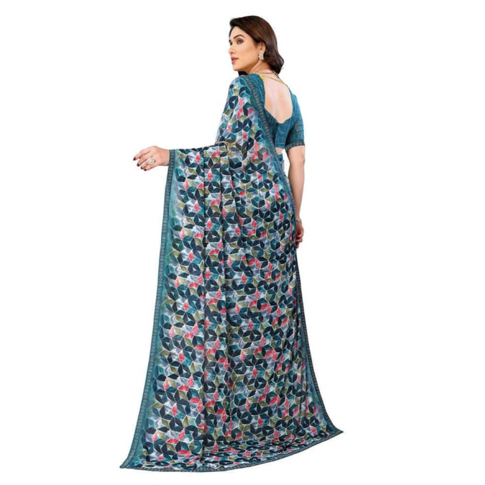 Women's Georgette Printed Saree With Unstitched Blouse 5.5Mtr (Sky Blue) - Image 3