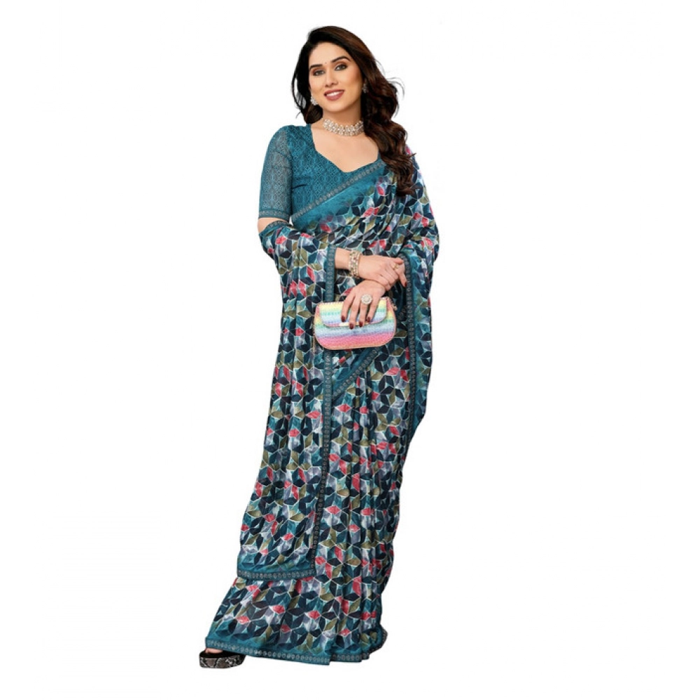 Women's Georgette Printed Saree With Unstitched Blouse 5.5Mtr (Sky Blue) - Image 4