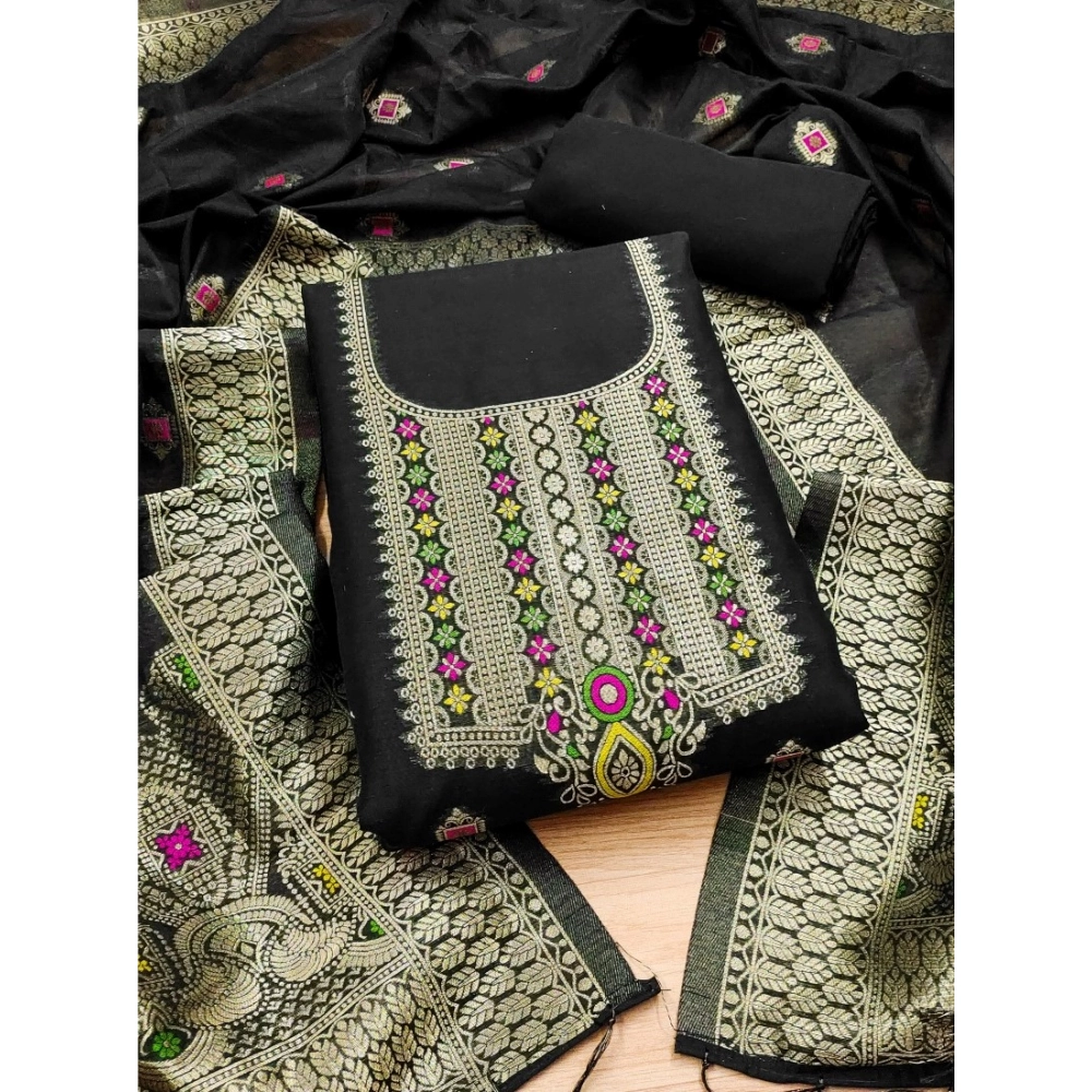 Women's Banarasi Silk Printed Unstitched Salwar Suit Material With Dupatta (Black, 3Mtrs) - Image 3