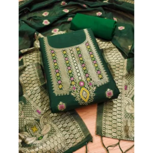 Women's Banarasi Silk Printed Unstitched Salwar Suit Material With Dupatta (Bottle Green, 3Mtrs)
