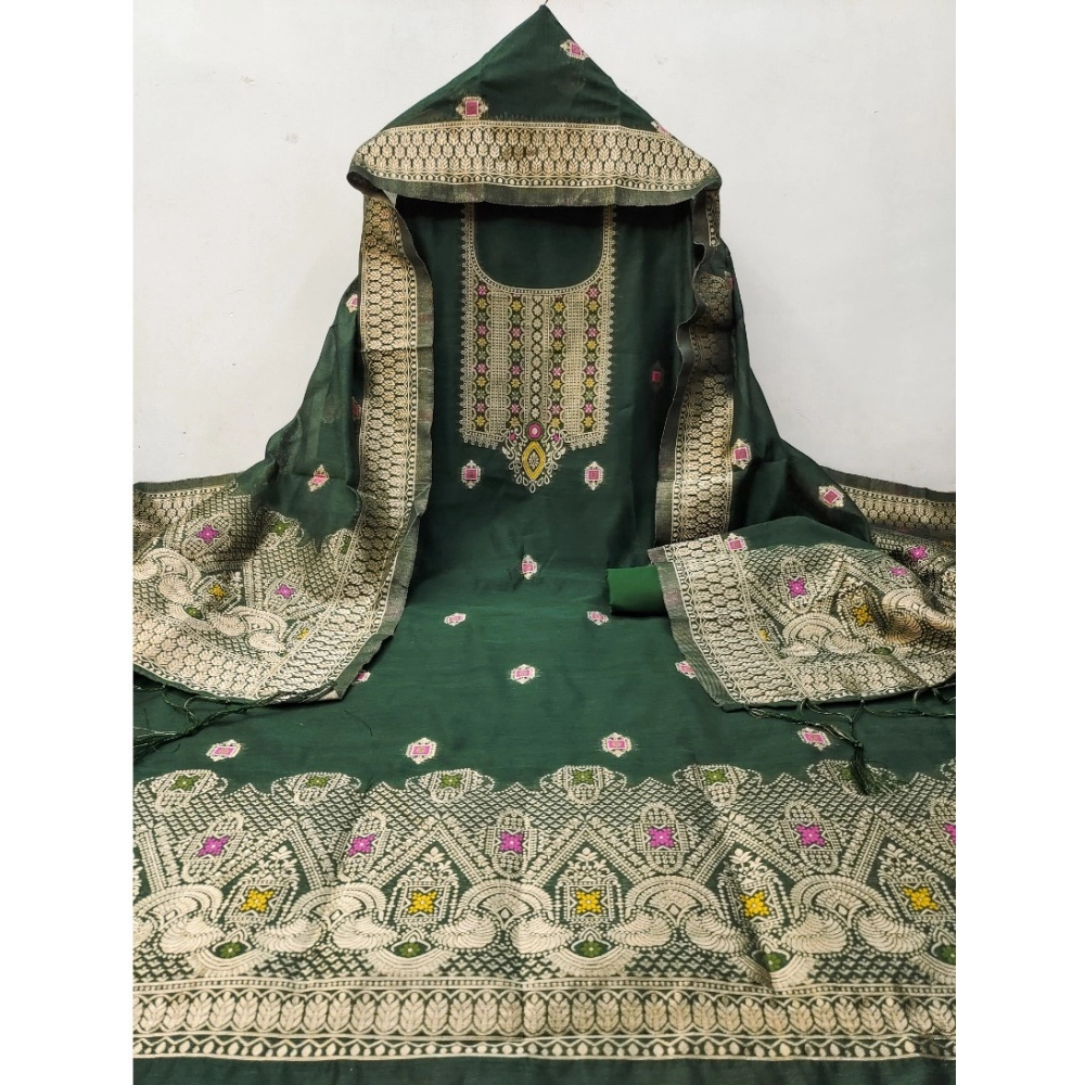 Women's Banarasi Silk Printed Unstitched Salwar Suit Material With Dupatta (Bottle Green, 3Mtrs) - Image 2