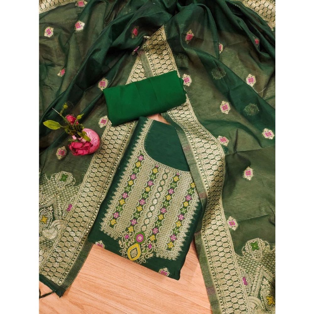 Women's Banarasi Silk Printed Unstitched Salwar Suit Material With Dupatta (Bottle Green, 3Mtrs) - Image 4