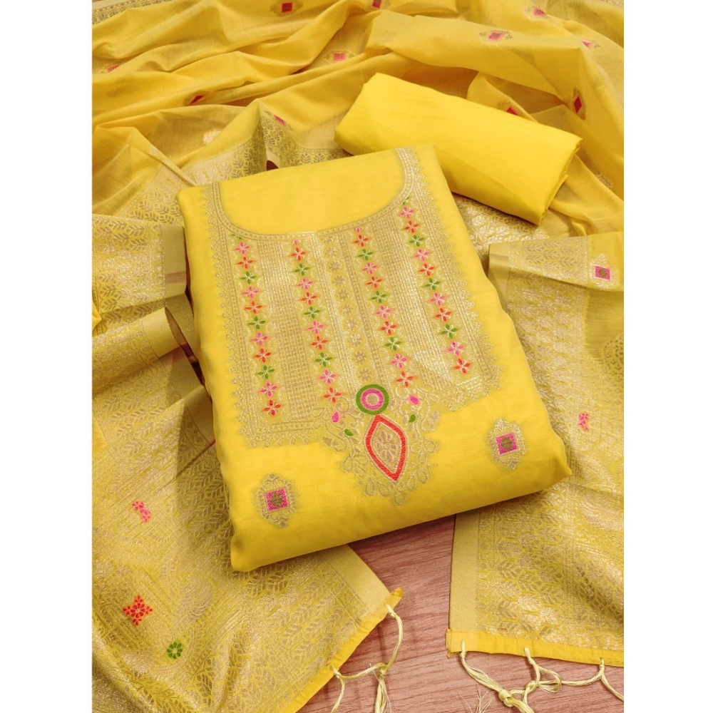 Women's Banarasi Silk Printed Unstitched Salwar Suit Material Yellow