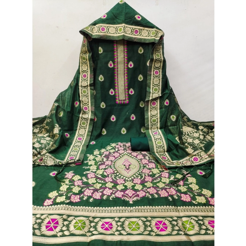 Women's Banarasi Silk Printed Unstitched Salwar Suit Material With Dupatta (Bottle Green, 3Mtrs) - Image 2