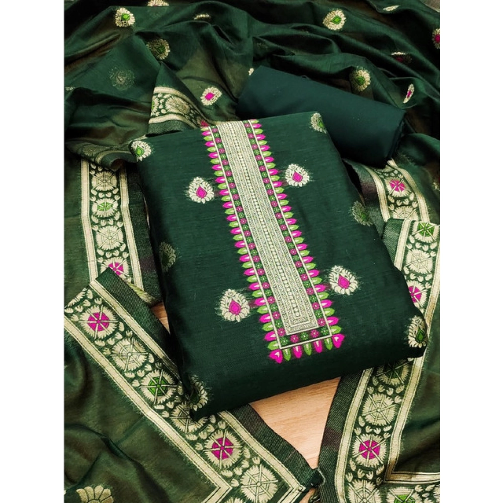 Women's Banarasi Silk Printed Unstitched Salwar Suit Material With Dupatta (Bottle Green, 3Mtrs) - Image 3