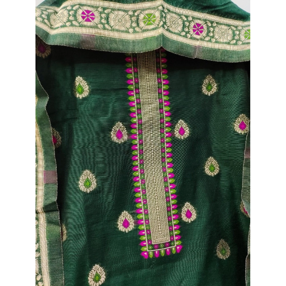 Women's Banarasi Silk Printed Unstitched Salwar Suit Material With Dupatta (Bottle Green, 3Mtrs) - Image 4