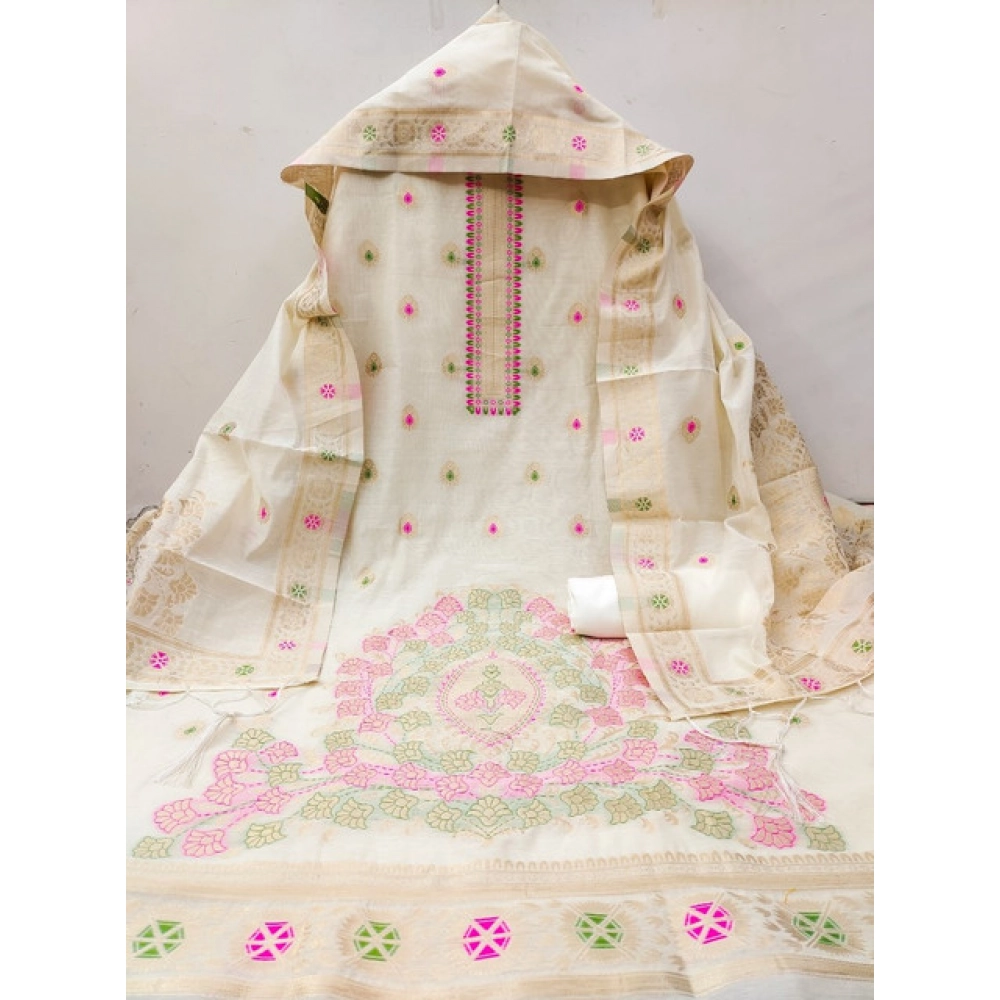 Women's Banarasi Silk Printed Unstitched Salwar Suit Material With Dupatta (White, 3Mtrs) - Image 2