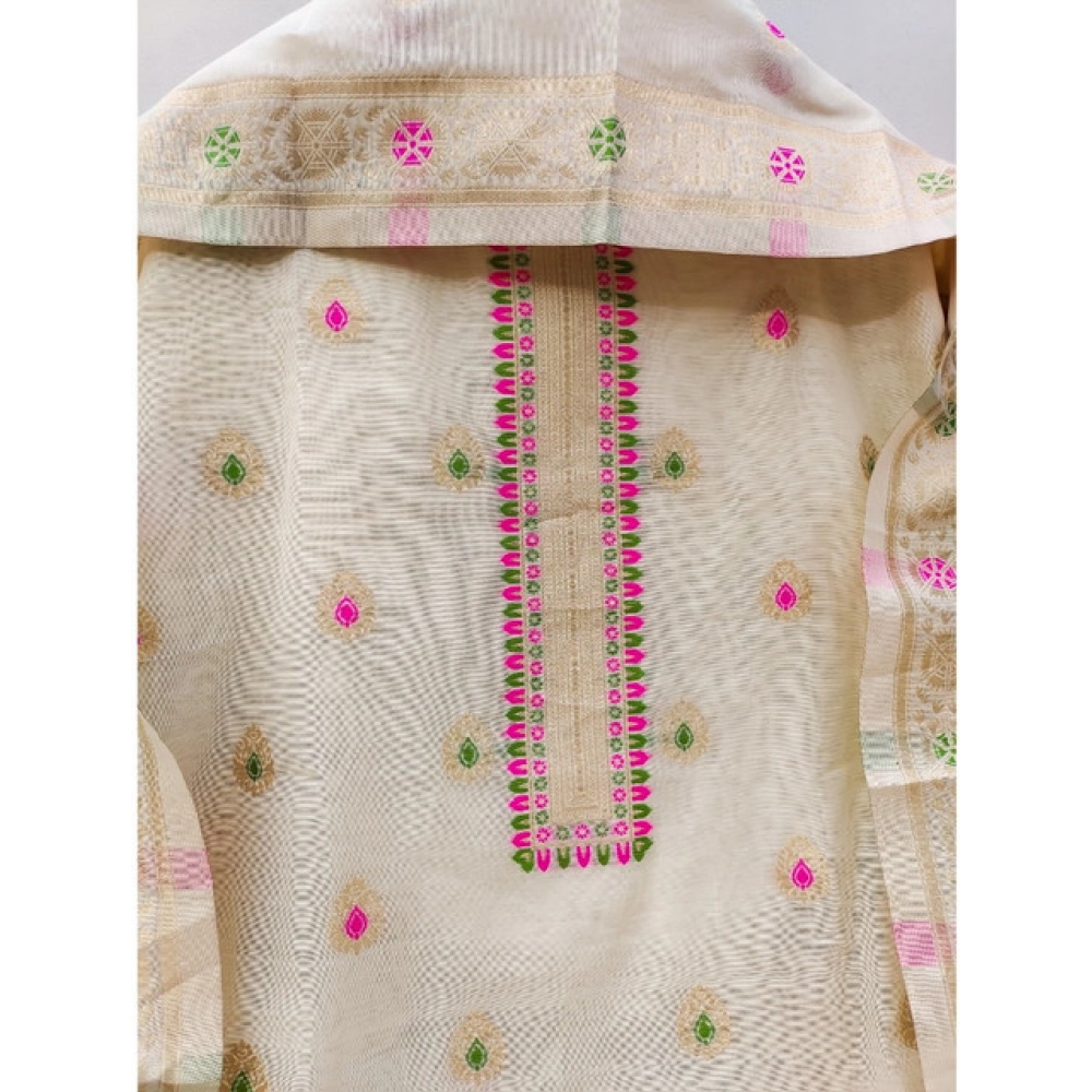Women's Banarasi Silk Printed Unstitched Salwar Suit Material With Dupatta (White, 3Mtrs) - Image 4