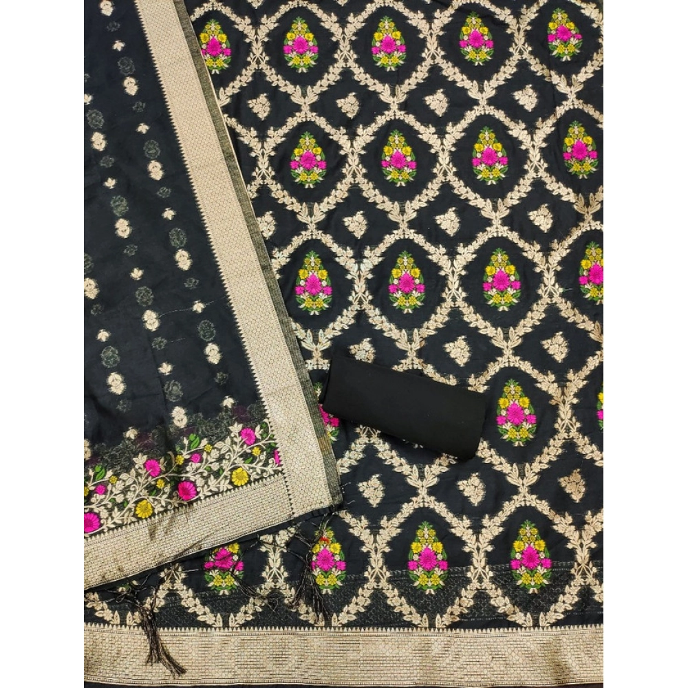 Women's Banarasi Silk Printed Unstitched Salwar Suit Material With Dupatta (Black, 3Mtrs) - Image 4