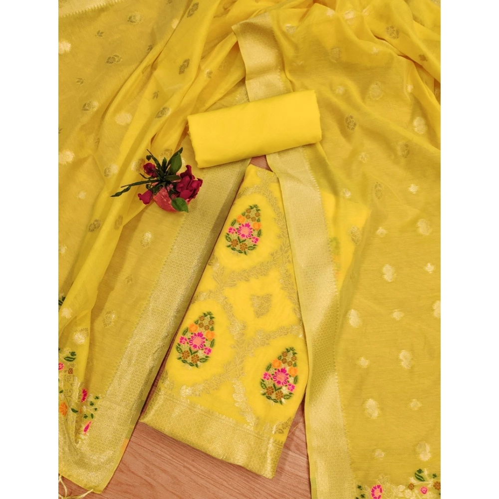 Women's Banarasi Silk Printed Unstitched Salwar Suit Material With Dupatta (Yellow, 3Mtrs) - Image 2