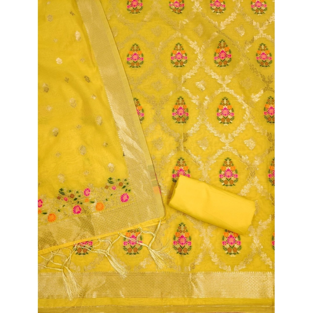 Women's Banarasi Silk Printed Unstitched Salwar Suit Material With Dupatta (Yellow, 3Mtrs) - Image 3