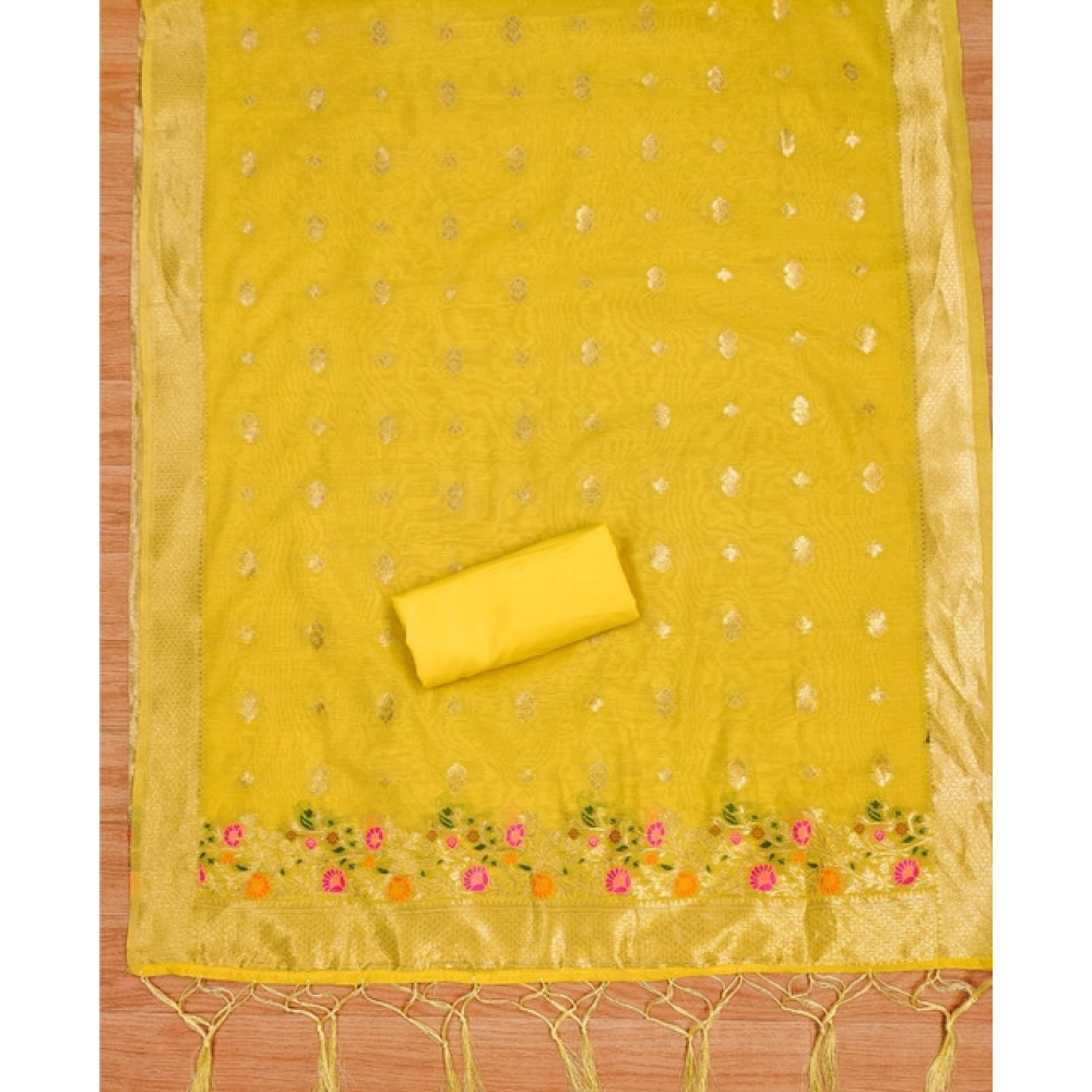 Women's Banarasi Silk Printed Unstitched Salwar Suit Material With Dupatta (Yellow, 3Mtrs) - Image 4