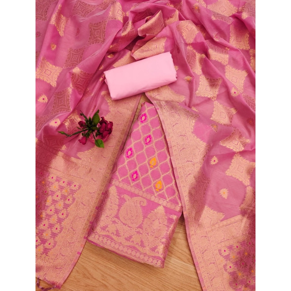 Women's Banarasi Silk Printed Unstitched Salwar Suit Material With Dupatta (Pink, 3Mtrs) - Image 2