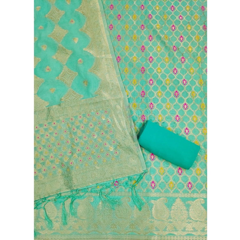 Women's Banarasi Silk Printed Unstitched Salwar Suit Material With Dupatta (sea green, 3Mtrs) - Image 3