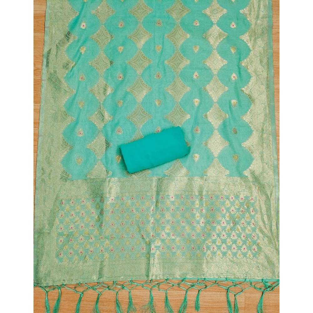 Women's Banarasi Silk Printed Unstitched Salwar Suit Material With Dupatta (sea green, 3Mtrs) - Image 4