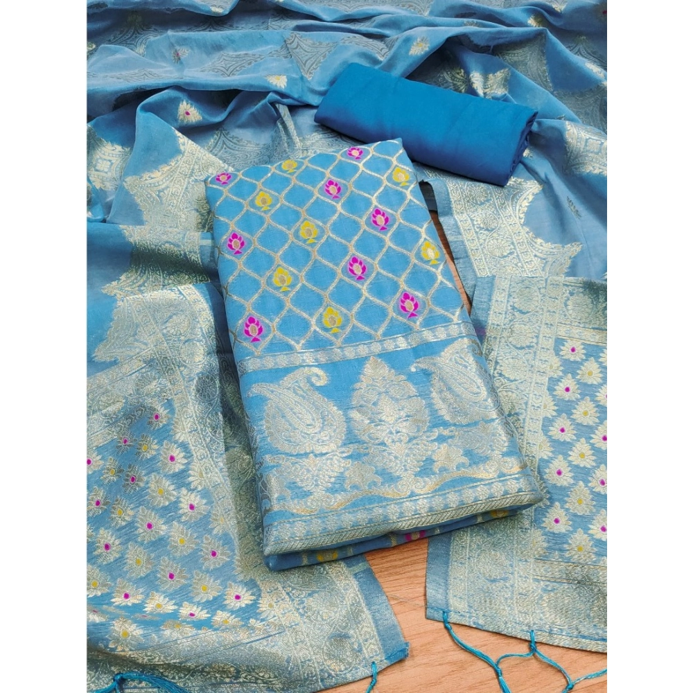 Women's Banarasi Silk Printed Unstitched Salwar Suit Material With Dupatta (Sky Blue, 3Mtrs) - Image 2