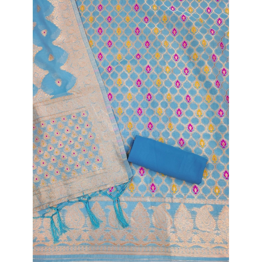 Women's Banarasi Silk Printed Unstitched Salwar Suit Material With Dupatta (Sky Blue, 3Mtrs) - Image 3