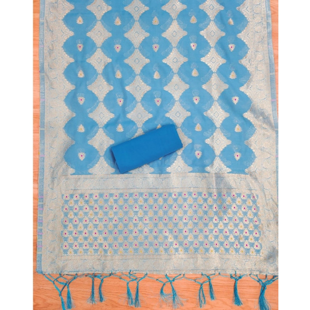 Women's Banarasi Silk Printed Unstitched Salwar Suit Material With Dupatta (Sky Blue, 3Mtrs) - Image 4