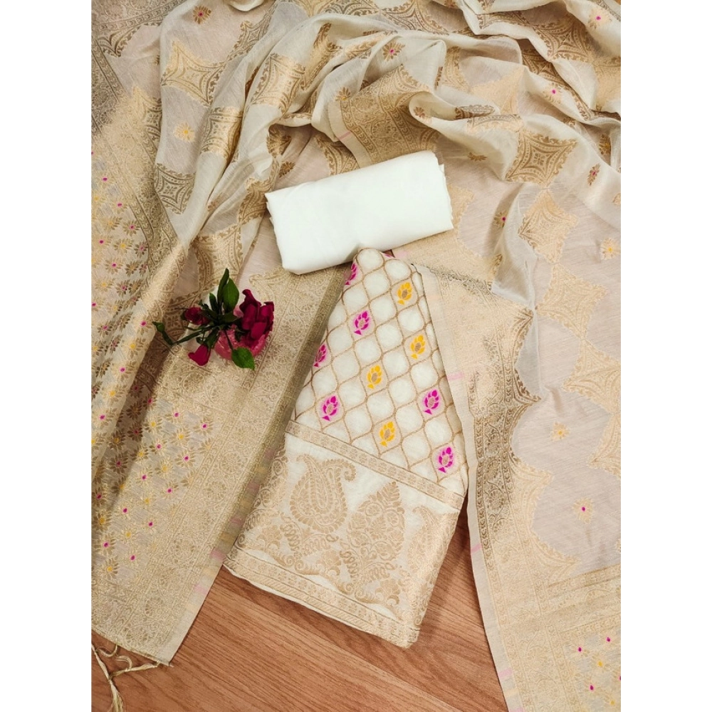 Women's Banarasi Silk Printed Unstitched Salwar Suit Material With Dupatta (White, 3Mtrs) - Image 2
