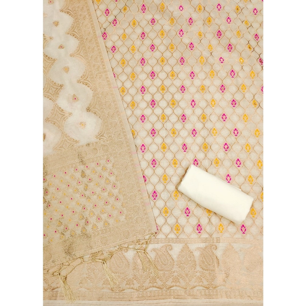 Women's Banarasi Silk Printed Unstitched Salwar Suit Material With Dupatta (White, 3Mtrs) - Image 3