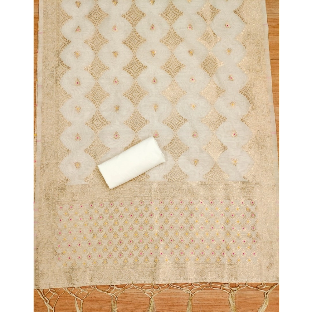 Women's Banarasi Silk Printed Unstitched Salwar Suit Material With Dupatta (White, 3Mtrs) - Image 4