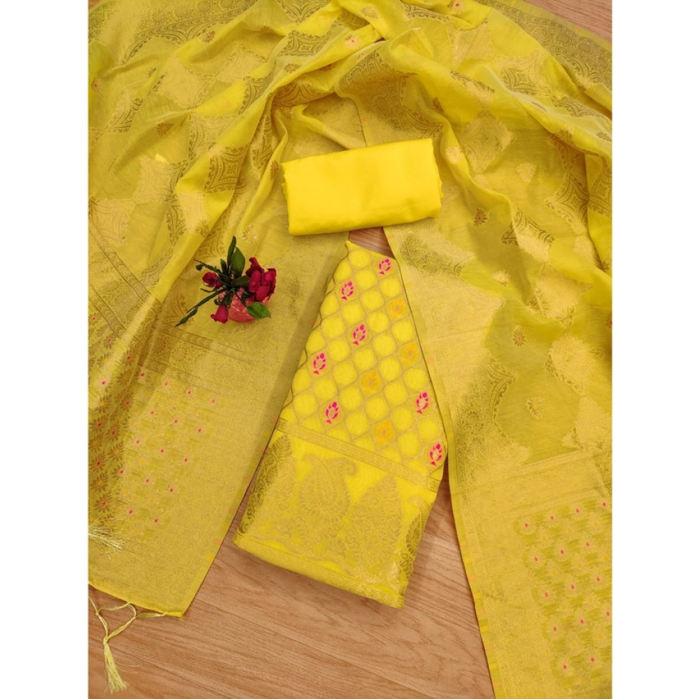 Women's Banarasi Silk Printed Unstitched Salwar Suit Material With Dupatta (Yellow, 3Mtrs) - Image 2