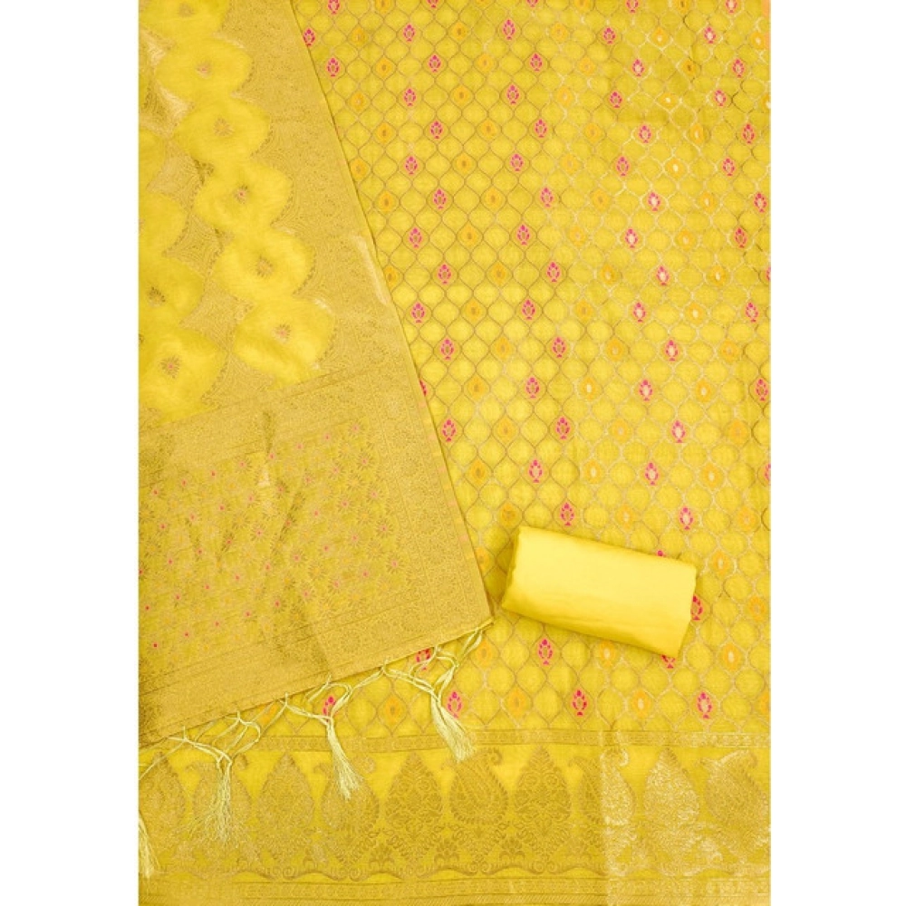 Women's Banarasi Silk Printed Unstitched Salwar Suit Material With Dupatta (Yellow, 3Mtrs) - Image 3