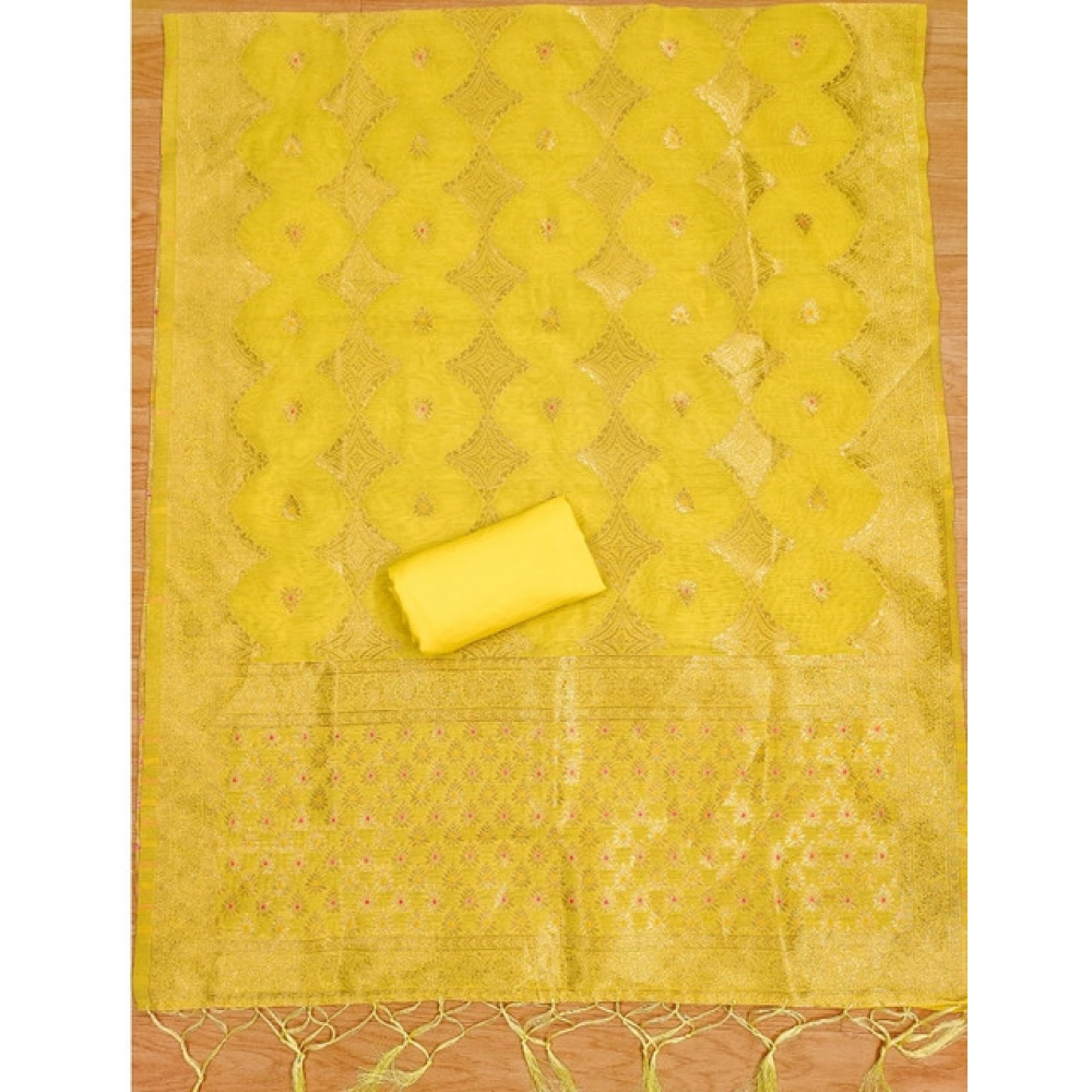 Women's Banarasi Silk Printed Unstitched Salwar Suit Material With Dupatta (Yellow, 3Mtrs) - Image 4