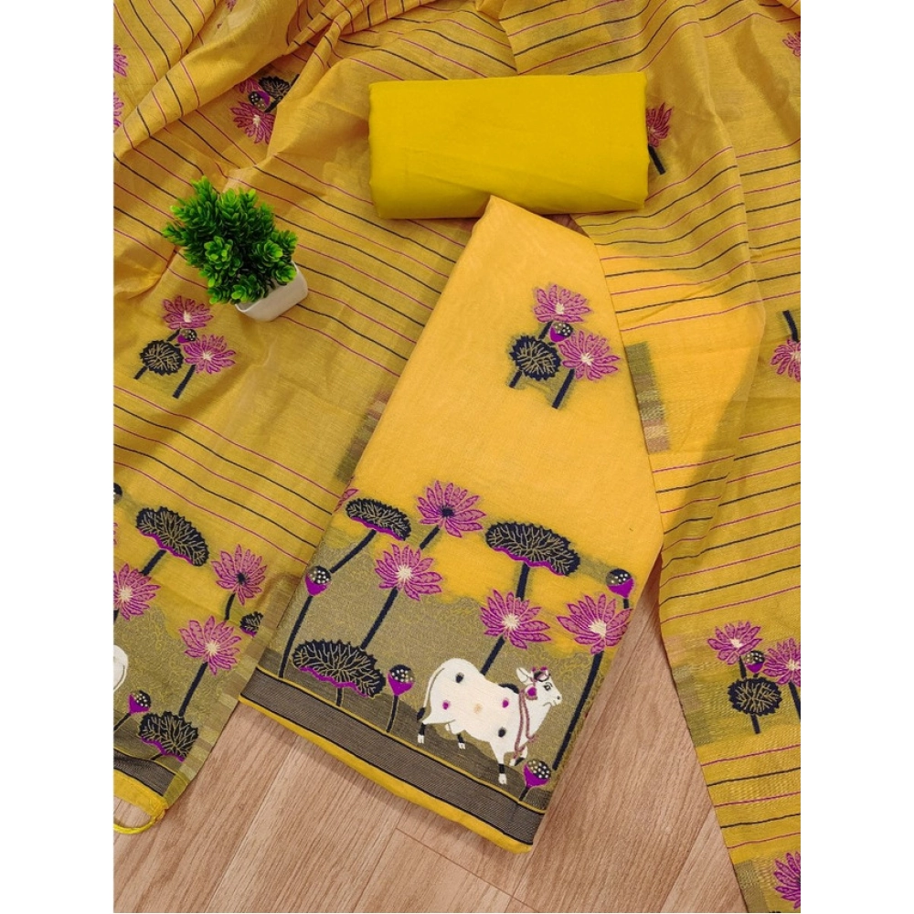 Women's Banarasi Silk Printed Unstitched Salwar Suit Material With Dupatta (Yellow, 3Mtrs) - Image 2