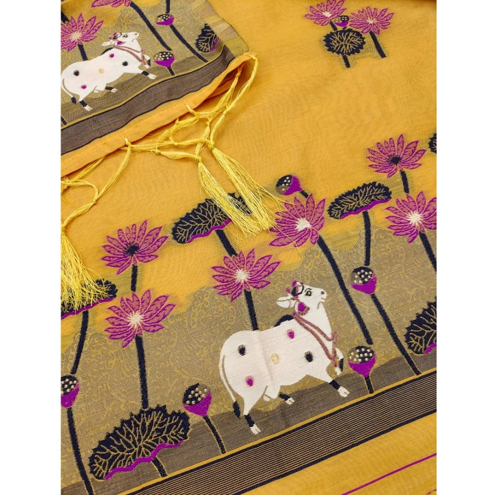 Women's Banarasi Silk Printed Unstitched Salwar Suit Material With Dupatta (Yellow, 3Mtrs) - Image 4