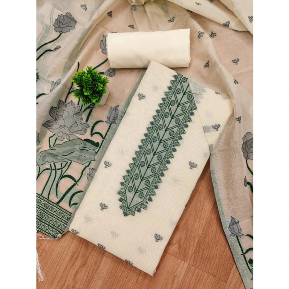 Women's Banarasi Silk Printed Unstitched Salwar Suit Material With Dupatta (OffWhite, 3Mtrs) - Image 2