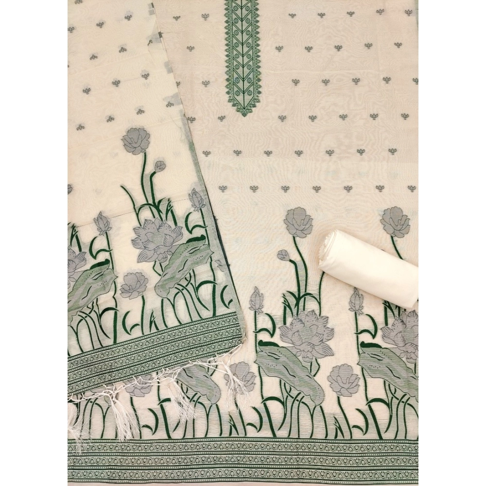 Women's Banarasi Silk Printed Unstitched Salwar Suit Material With Dupatta (OffWhite, 3Mtrs) - Image 3