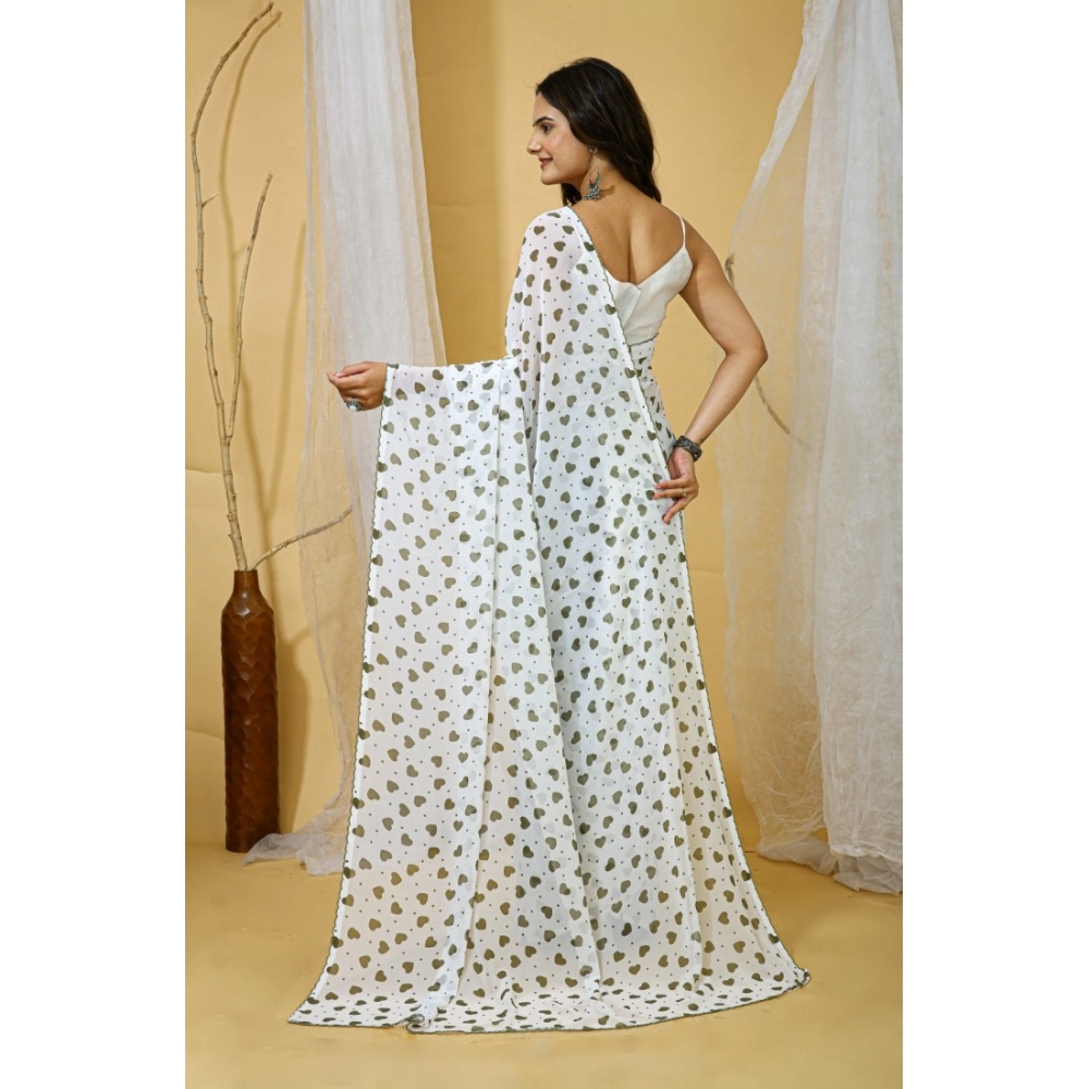 Women's Georgette Printed Saree With Unstitched Blouse 5.5Mtr (White-Grey) - Image 2