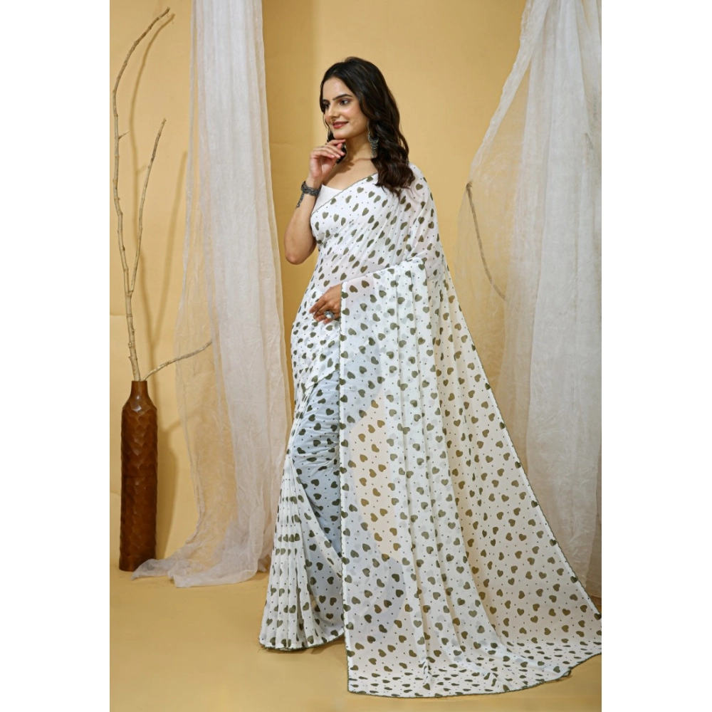 Women's Georgette Printed Saree With Unstitched Blouse 5.5Mtr (White-Grey) - Image 3