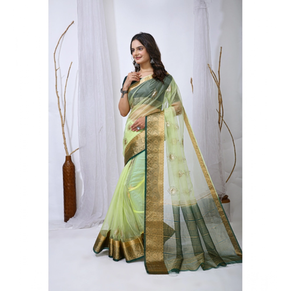Women's Organza jacquard Embellished Saree With Unstitched Blouse 5.5Mtr (Light Green) - Image 3