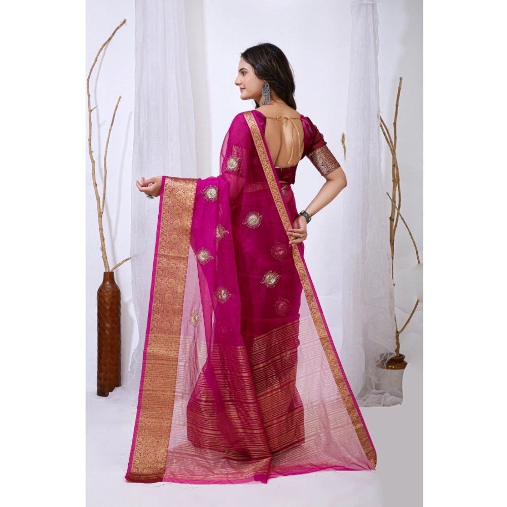 Women's Organza jacquard Embellished Saree With Unstitched Blouse 5.5Mtr (Pink) - Image 2