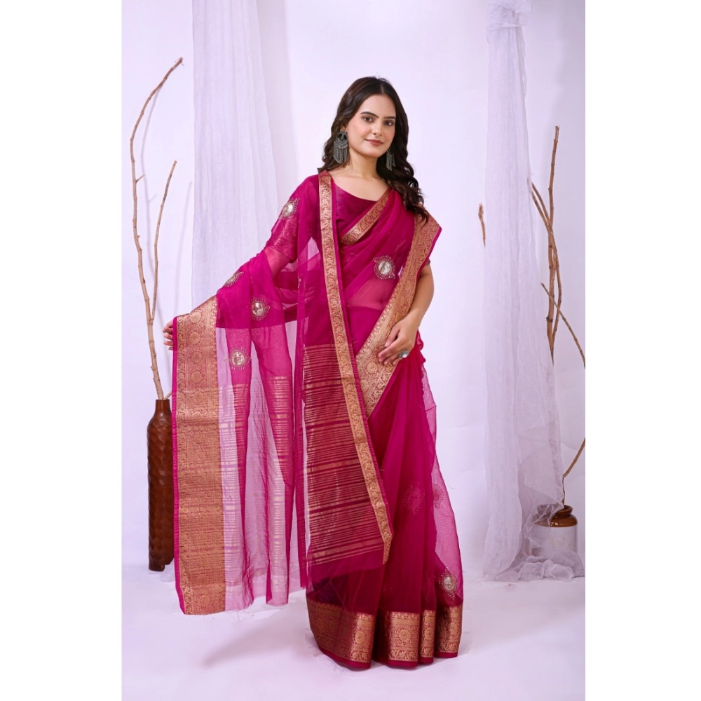 Women's Organza jacquard Embellished Saree With Unstitched Blouse 5.5Mtr (Pink) - Image 4