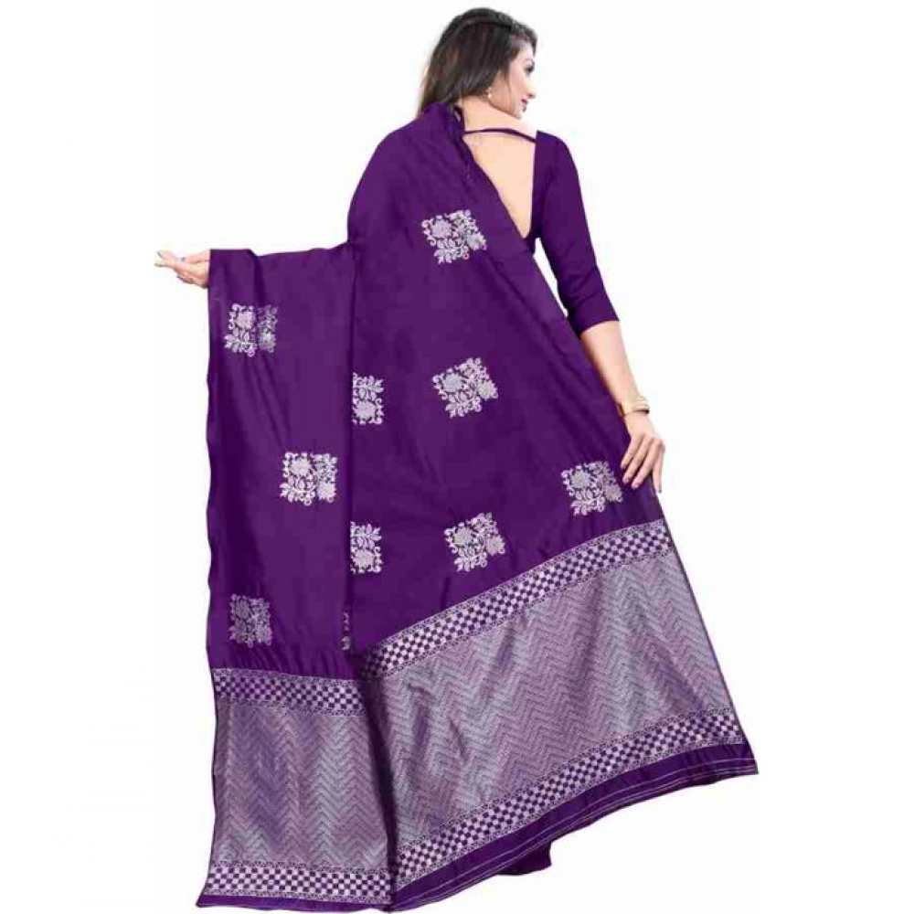 Women's Soft Lichi Silk Printed Saree With Unstitched Blouse 5.5Mtr (Purple) - Image 2