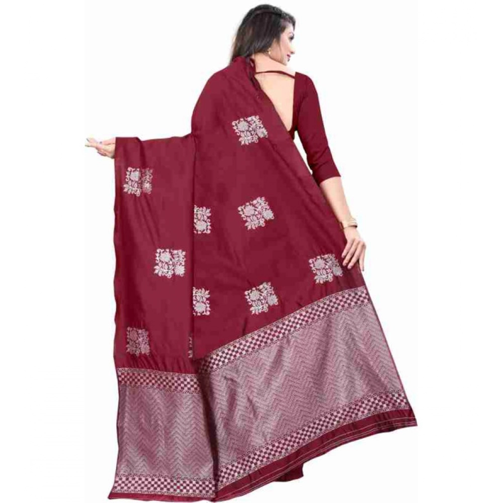 Women's Soft Lichi Silk Printed Saree With Unstitched Blouse 5.5Mtr (Maroon) - Image 2