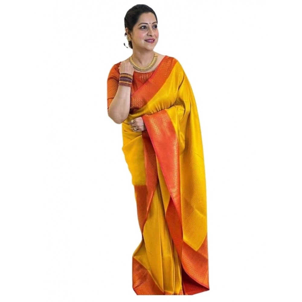 Women's Soft Lichi Silk Printed Saree With Unstitched Blouse 5.5Mtr (Mustard )