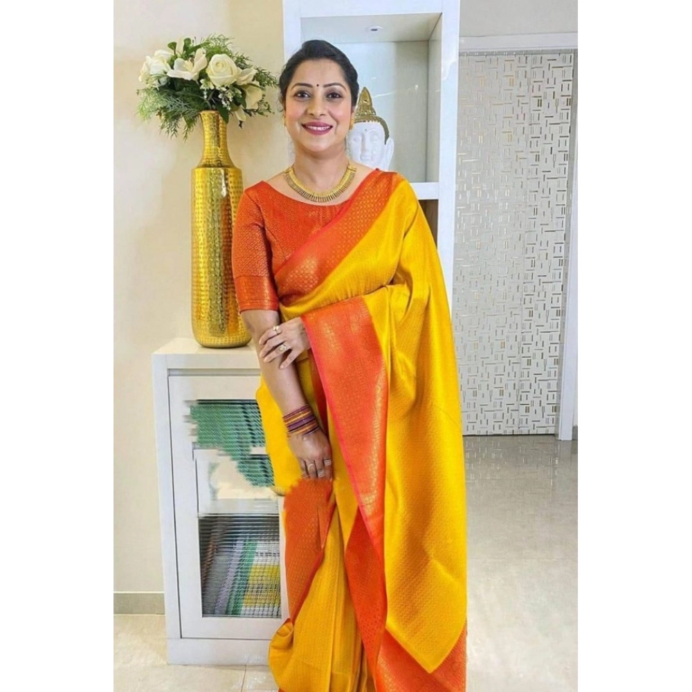 Women's Soft Lichi Silk Printed Saree With Unstitched Blouse 5.5Mtr (Mustard ) - Image 2