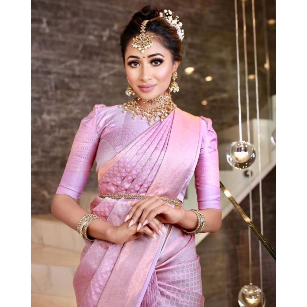 Women's Soft Lichi Silk Printed Saree With Unstitched Blouse 5.5Mtr (Pink) - Image 2