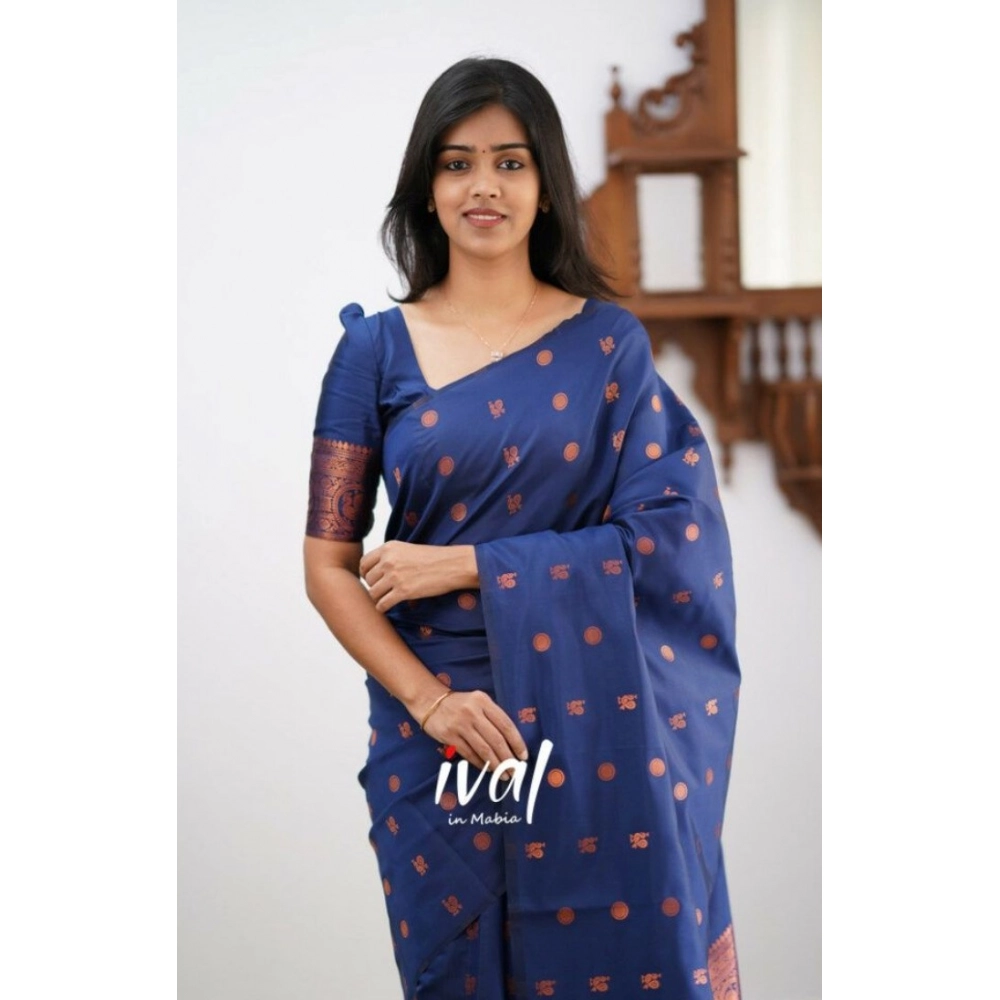 Women's Soft Lichi Silk Printed Saree With Unstitched Blouse 5.5Mtr (Blue) - Image 2