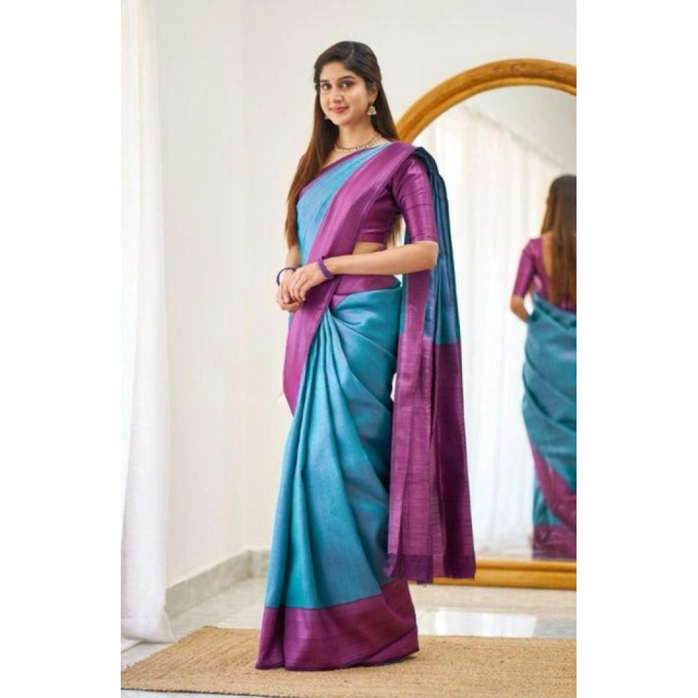 Women's Soft Lichi Silk Printed Saree With Unstitched Blouse 5.5Mtr (Sky-Blue) - Image 2