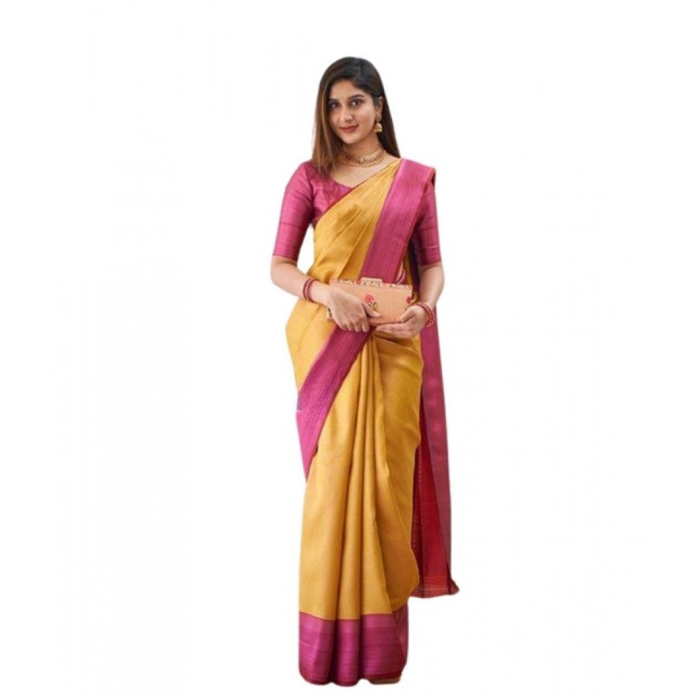 Women's Soft Lichi Silk Printed Saree With Unstitched Blouse 5.5Mtr (Mustard )